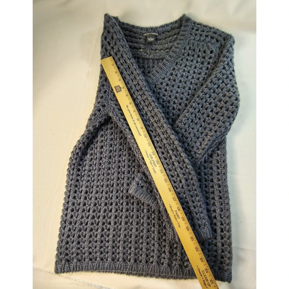 Chelsea & Theodore Blue Gray Open Knit Crochet V-Neck Pullover Boho Sweater Sz L